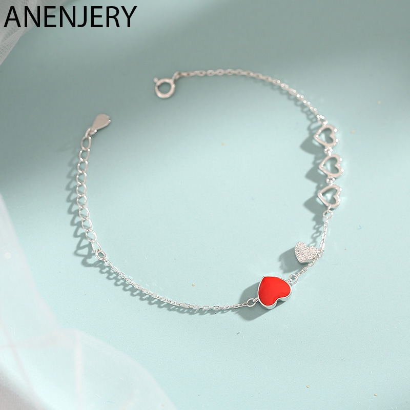 ANENJERY doux 925 en argent Sterling rouge coeur Zircon Bracelet pour les femmes saint valentin cadeau bijoux pulseras S-B264