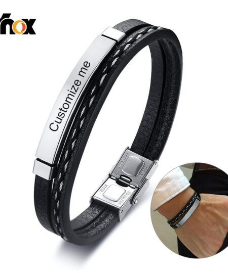 Vnox Multi couche Bracelets en cuir pour hommes femmes personnalisable gravure acier inoxydable décontracté bracelet personnalisé