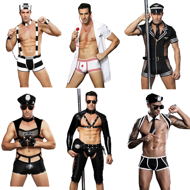 Homme Sexy uniforme de Police noir Latex maille Sexy Lingerie chaude érotique flic Sexy Police jeu de rôle vêtements sexuels pour hommes adultes Costume