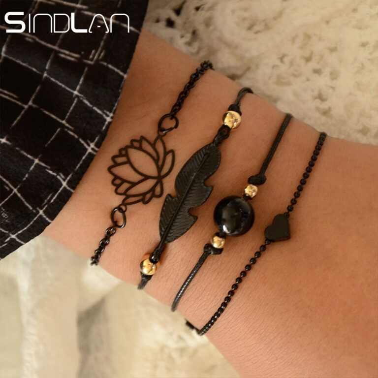Sindlan 4 pièces gothique noir plume Lotus Bracelets ensemble coeur breloque Boho Bracelets pour femmes poignet chaîne Bracelets bijoux de mode
