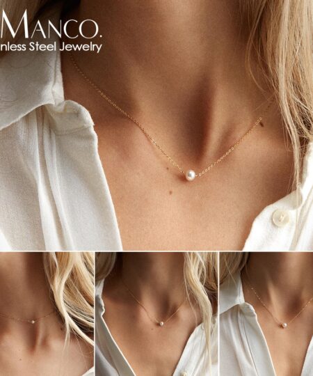 E-manco acier inoxydable collier ras du cou perle colliers pour femmes or