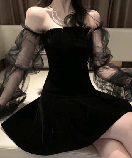 Gothique Sexy robe Vintage épaules dénudées Lanter manches maille Patchwork velours Mini robe rue sombre Grunge robe noire pour femme