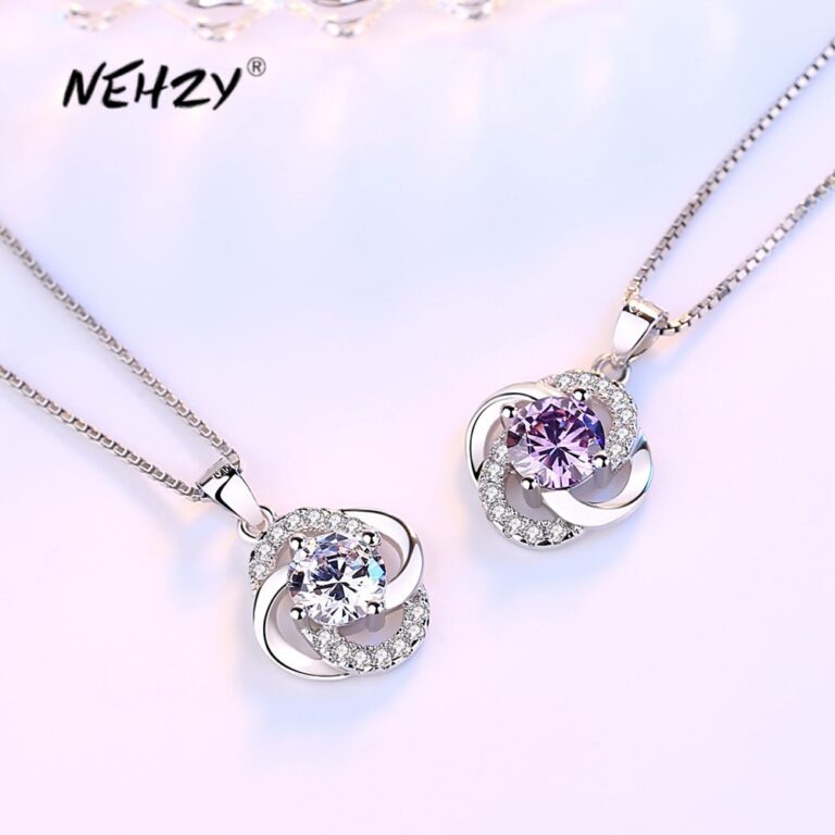 NEHZY 925 en argent sterling nouvelles femmes bijoux de mode violet cristal zircon quatre feuilles trèfle fleur pendentif collier longueur 45CM