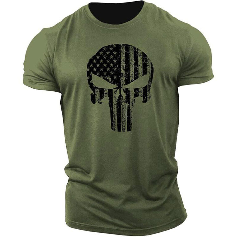 T-Shirt manches courtes homme, estival et décontracté, résistant, vert armée,  avec impression tête de mort 2022