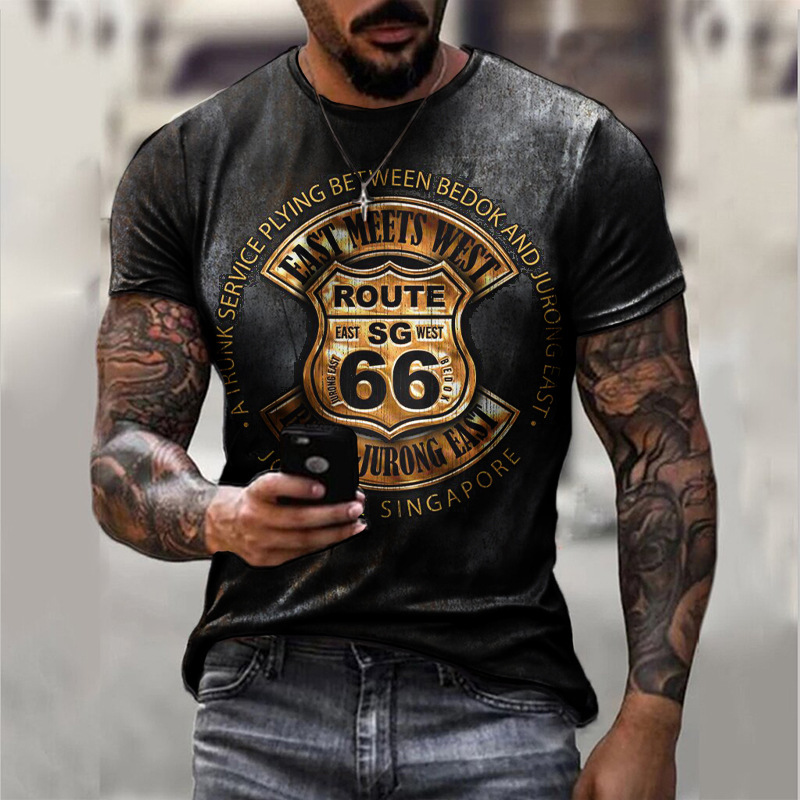 Été  T-shirt homme Route 66 Imprimé Mode Streetwear Mâle Manches Courtes O