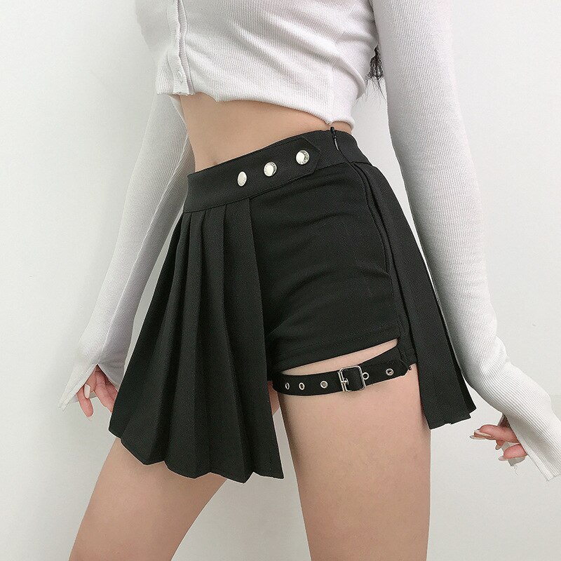 Demi jupes gothiques plissées pour filles, jupe irrégulière à carreaux, Style Punk Harajuku, asymétrique, taille haute, noire, été