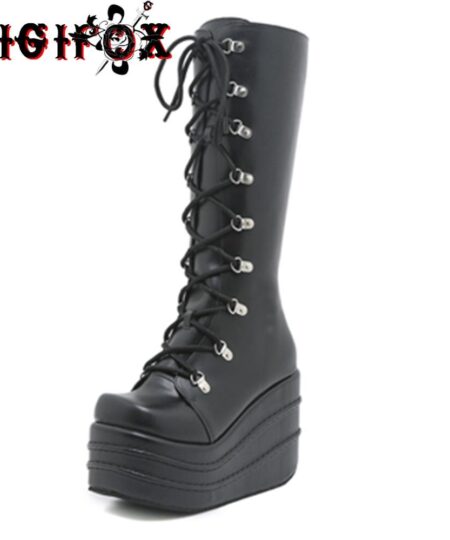 GIGIFOX – bottes de Combat à semelles compensées pour femmes, chaussures à fermeture éclair, gothique, Cosplay Punk, hauteur mi-mollet, talons, grande taille 43, livraison directe