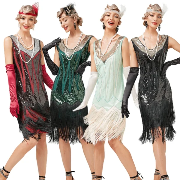 Robe Vintage des années 1920 à volants pour femmes, col en V, franges perlées